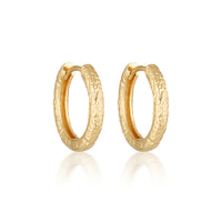 A pair of 15mm gold vermeil hoop earrings with an antique textured finish.