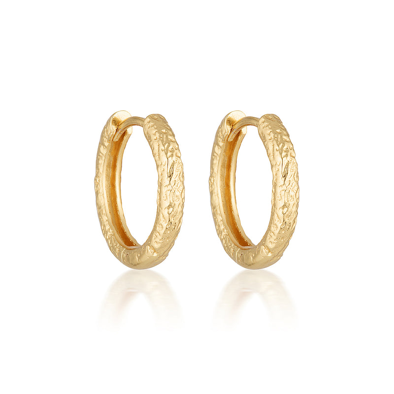 A pair of 15mm gold vermeil hoop earrings with an antique textured finish.