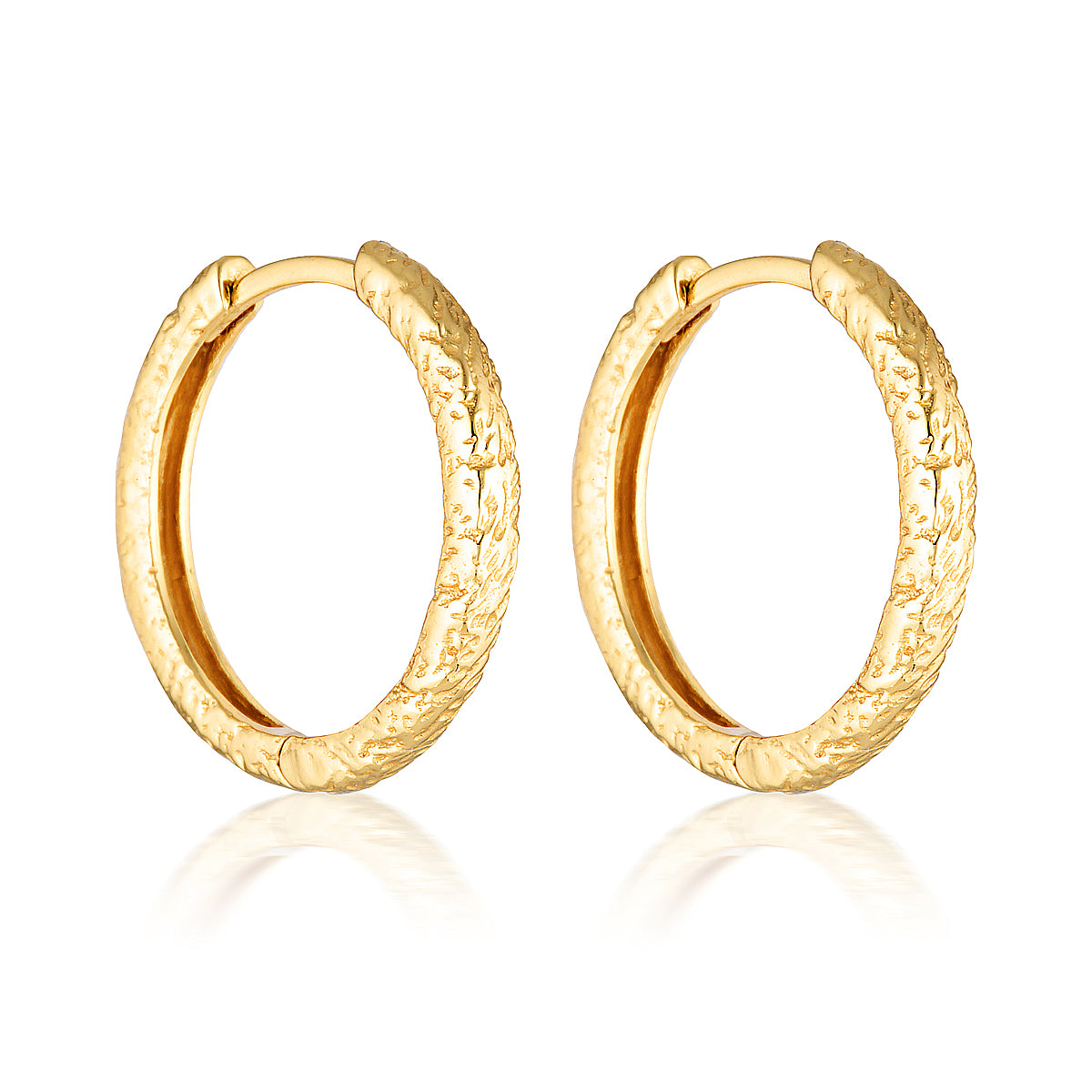 A pair of gold textured 20mm hoop earrings on a white background.