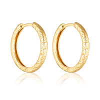 A pair of gold textured 20mm hoop earrings on a white background.