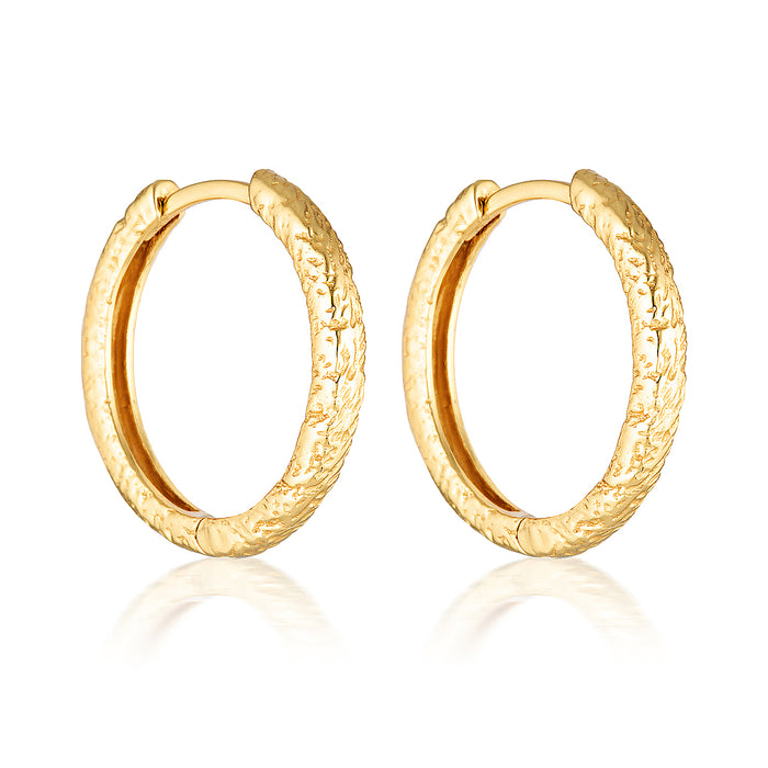 A pair of gold textured 20mm hoop earrings on a white background.