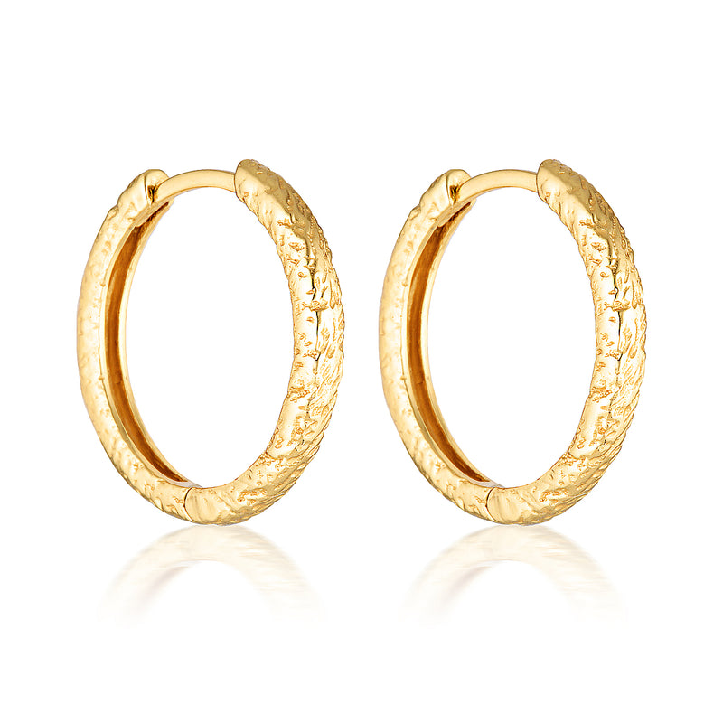 A pair of gold textured 20mm hoop earrings on a white background.